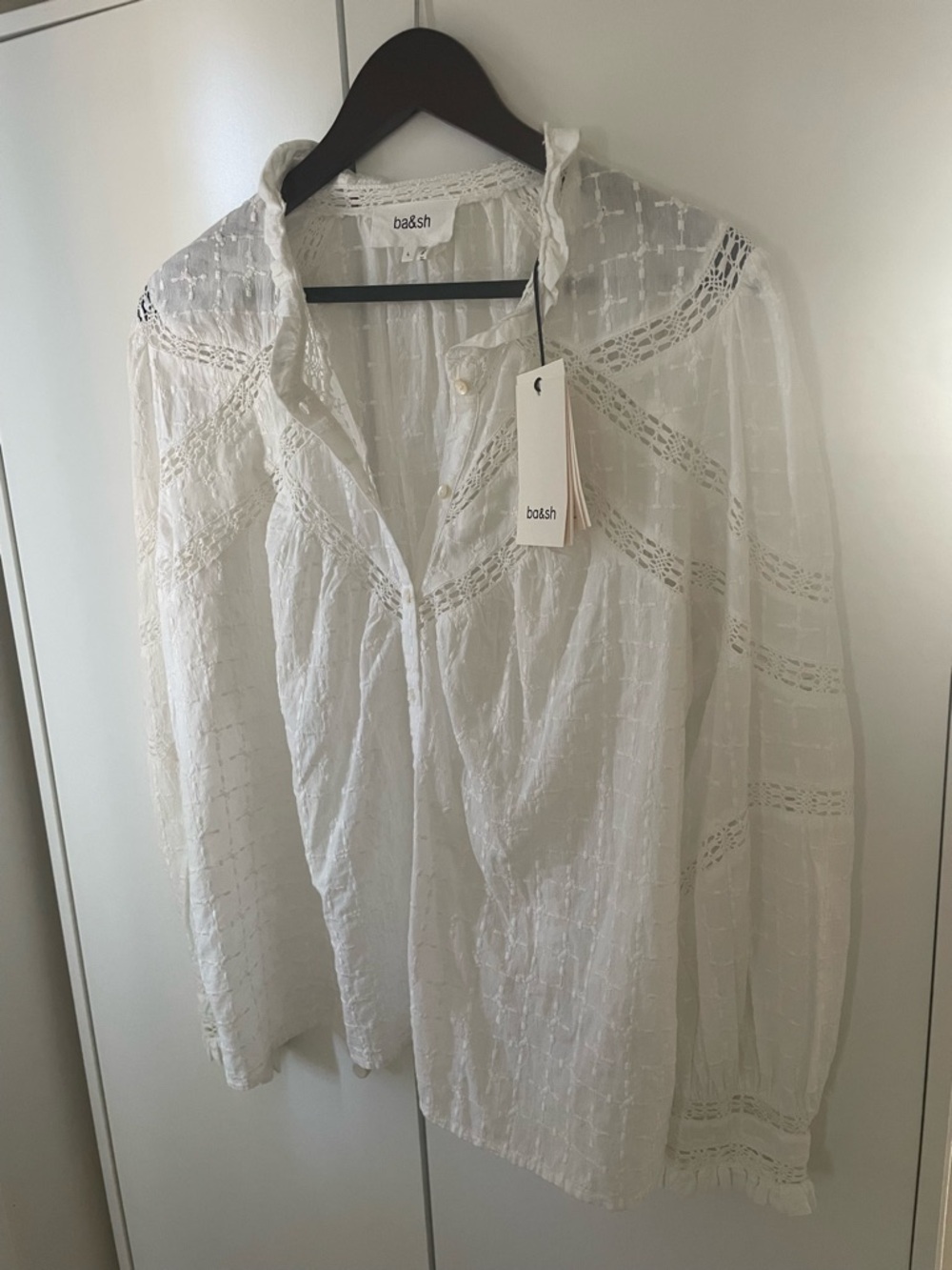 NWT Ba&Sh White Cotton Lace-Trim Button Down Blouse